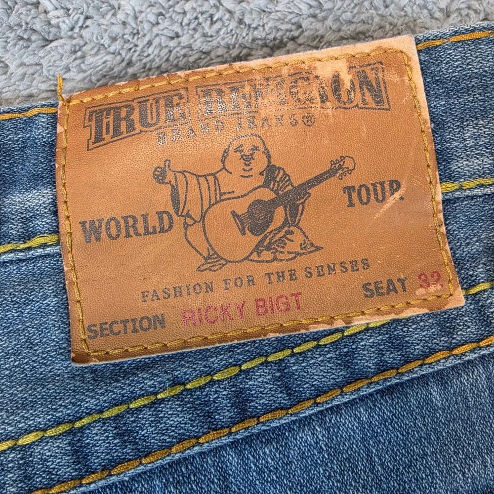 Vtg True Religion Ricky Big T Jeans Mens 34x32 Blue Straight Leg USA Made Stitch